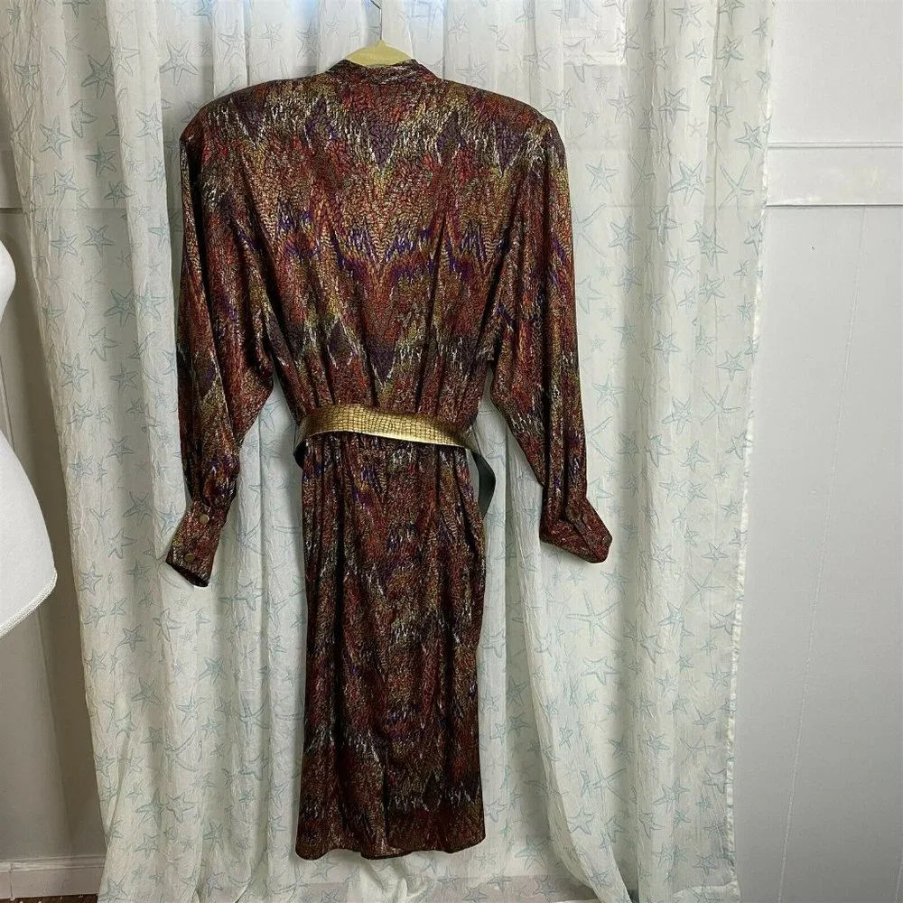 Vintage Caron Chicago Dress Shirtdress Geometric Ikat Pattern Slinky Sexy Belted